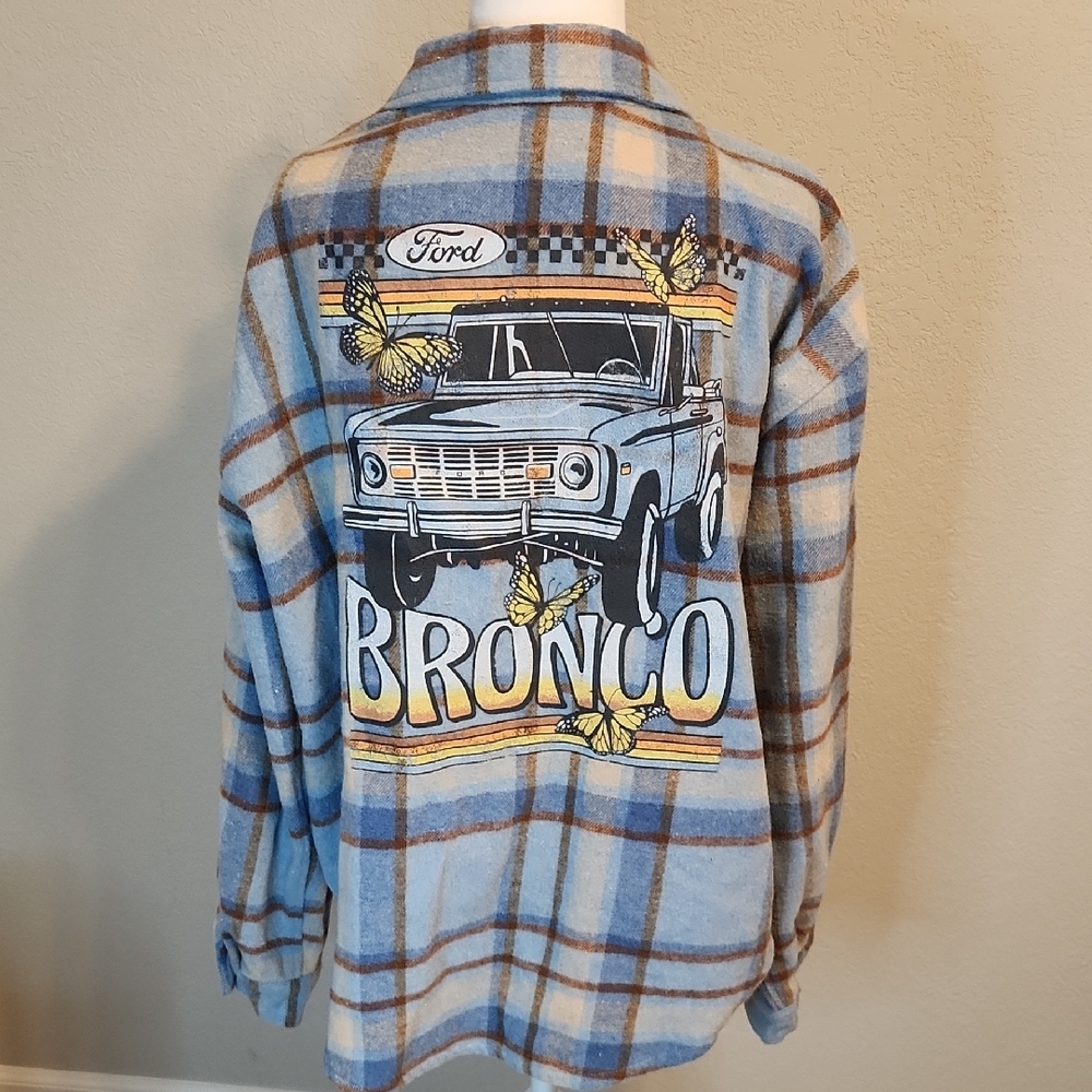 Ford Bronco Blue Brown Plaid Button Down Flannel Large - Picture 2 of 13